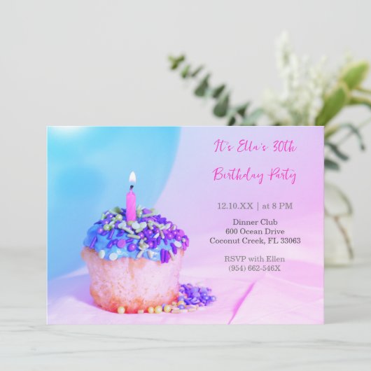 ブルーカラフルカップケカラフルーキ30歳の誕生日 招待状 (スタンド正面)