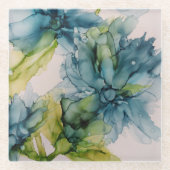 ブルーカラフルグリーンフローラ抽象芸術アート ガラスコースター (正面)