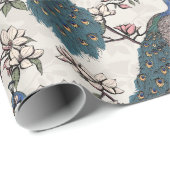 ブルーカラフルピーコック&マグノリアアイボリー野生生物 ラッピングペーパー (ロールコーナー)