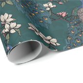 ブルーカラフルピーコック&マグノリアグリーン野生生物 ラッピングペーパー (ロールコーナー)