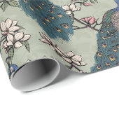 ブルーカラフルピーコック&マグノリアグリーン野生生物 ラッピングペーパー (ロールコーナー)