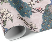 ブルーカラフルピーコック&マグノリアピンク野生生物 ラッピングペーパー (ロールコーナー)