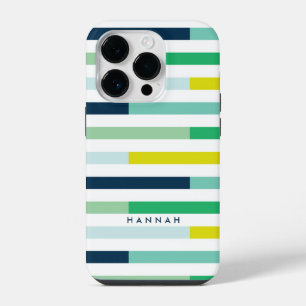 ブルーカラフルモダングリーンターコイズストライプ iPhone 14 PROケース