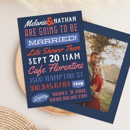 ブルーカラフルレッドレトロカップルウェディングシャワー 招待状