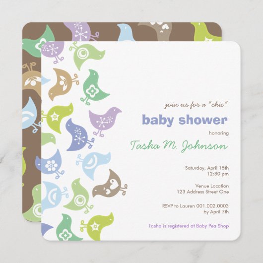 ブルーカラフルレトロチクズボーイベビーシャワーパーティー 招待状 (正面/裏面)