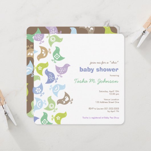 ブルーカラフルレトロチクズボーイベビーシャワーパーティー 招待状 (正面/裏面インサイチュ)