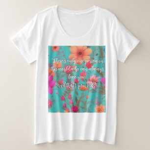 ブルーカラフル花模様感動的引用文 プラスサイズTシャツ