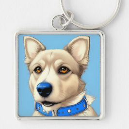 ブルーカラーを着た犬のクローズアップポートレート キーホルダー