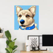 ブルーカラーを着た犬のクローズアップポートレート ポスター (ホームオフィス)