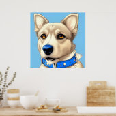 ブルーカラーを着た犬のクローズアップポートレート ポスター (キッチン)