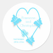 ブルーカラーバタフライハート結婚デザイン ラウンドシール (正面)