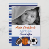 ブルーカラーブロックスポーツバプテスマ写真感謝 サンキューカード (正面/裏面)
