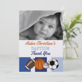 ブルーカラーブロックスポーツバプテスマ写真感謝 サンキューカード (スタンド正面)