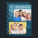 ブルーカラーブロックハッピーホリデー2枚 シーズンカード<br><div class="desc">このモダンホリデーフォトカードは2つの水平な写真を備え、2つの曲線のコーナー。背景は青の色合いのカラーブロックで、文字はスクリプトと標準のエレガントフォントの「ハッピーホリデー読」の組み合わせである。</div>