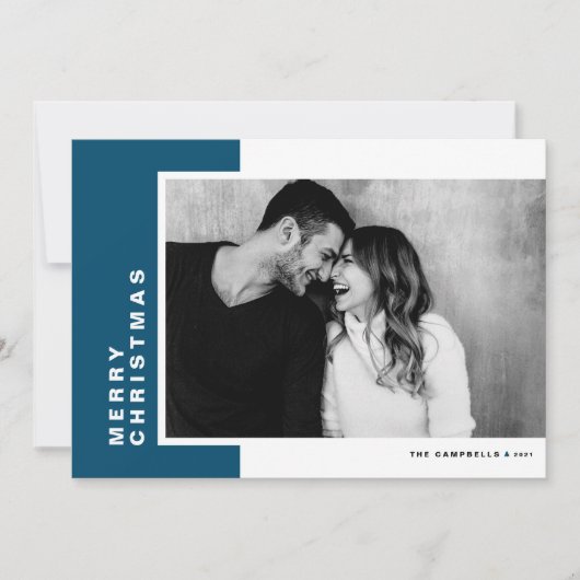 ブルーカラーモダンブロックメリークリスマスフォト シーズンカード (正面)