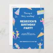 ブルーカワイイ&アイス予測できなクリームピザ誕生日パーティー インビテーションポストカード (正面/裏面)