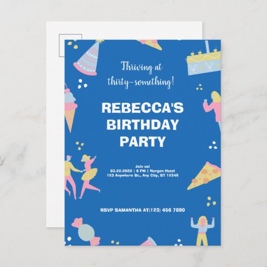 ブルーカワイイ&アイス予測できなクリームピザ誕生日パーティー インビテーションポストカード (正面/裏面)