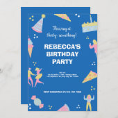 ブルーカワイイ&アイス予測できなクリームピザ誕生日パーティー 招待状 (正面/裏面)