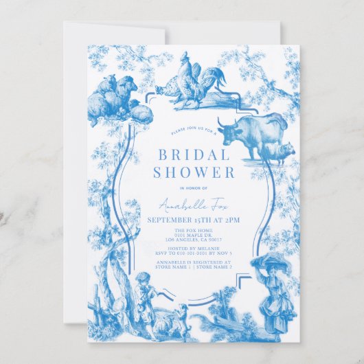 ブルーカントリーフランスのファームアニマルブライダルシャワー 招待状 (正面)