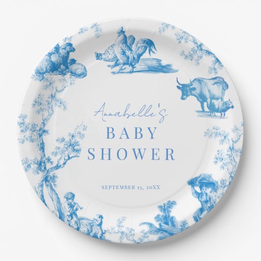 ブルーカントリーフランスのファーム動物の男の子の赤ちゃんシャワー ペーパープレート (正面)