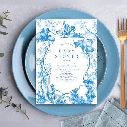 ブルーカントリーフランスのファーム動物の男の子の赤ちゃんシャワー 招待状