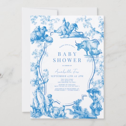 ブルーカントリーフランスのファーム動物の男の子の赤ちゃんシャワー 招待状 (正面)