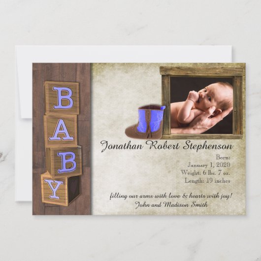 ブルーカントリー素朴フォトベビーのお知らせ 招待状 (正面)