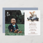 ブルーカーで可愛い水色マウス1st誕生日 招待状 (正面/裏面)