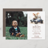 ブルーカーで可愛い水色マウス1st誕生日 招待状 (正面/裏面)