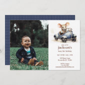 ブルーカーで可愛い水色マウス1st誕生日 招待状 (正面/裏面)