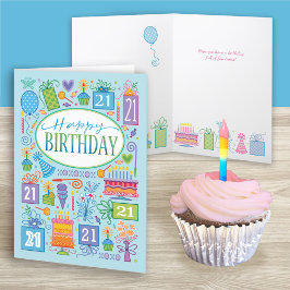 ブルーカード上の21歳の誕生日の明るいパステルアイコン カード