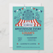 ブルーカーニバルサーカスベビー誕生日キッズハウスパーティー 招待状 (正面)