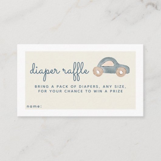 ブルーカーベビーシャワーおむつラッフルチケット エンクロージャーカード (正面)