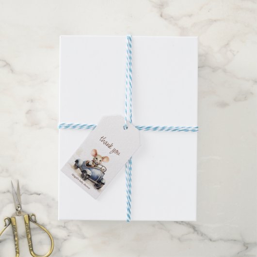 ブルーカーベビーシャワーにかわいい水色マウス ギフトタグ (より糸付き)