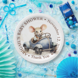 ブルーカーベビーシャワーにかわいい水色マウス ペーパープレート