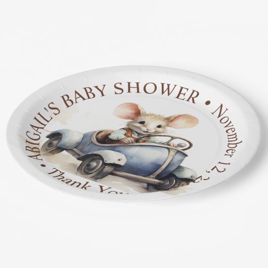 ブルーカーベビーシャワーにかわいい水色マウス ペーパープレート (アングル)