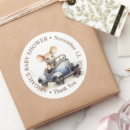 ブルーカーベビーシャワーにかわいい水色マウス ラウンドシール