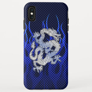 ブルーカーボンファイバーのようなクロームのドラゴンスタイル iPhone XS MAXケース