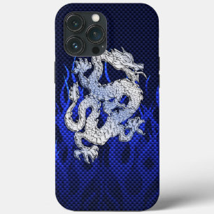 ブルーカーボンファイバースタイルのようなクロムのドラゴン iPhone 13 PRO MAXケース
