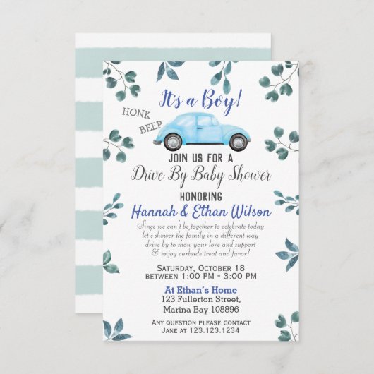 ブルーカー&グリーンドライブバイベビーシャワーパレード 招待状 (正面/裏面)