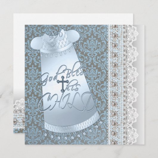 ブルーガウンブラウンブルーダマスク男の赤ちゃん《キリスト教》洗礼式や命名式 招待状 (正面/裏面)