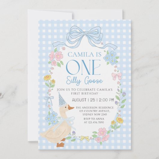 ブルーガウ間抜けスフローラギンガムファースト誕生日 招待状 (正面)