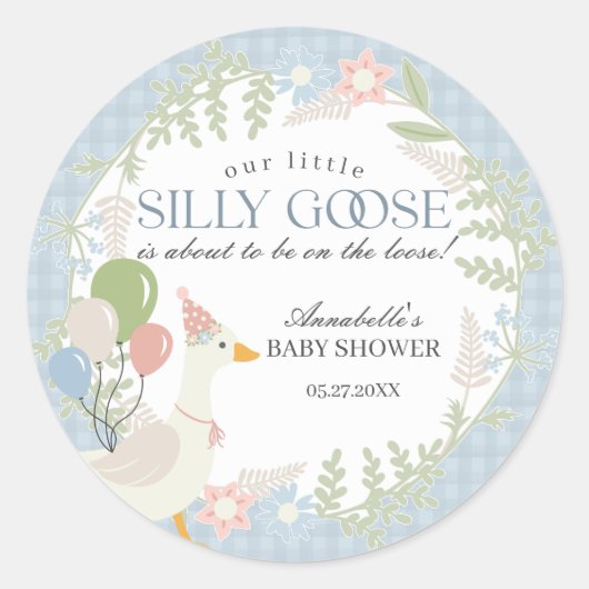ブルーガチョウ間抜けフローラギンガムベビーシャワーの好意 ラウンドシール (正面)