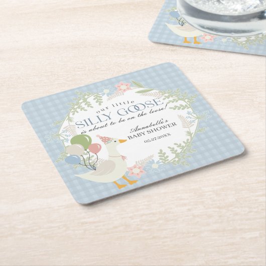 ブルーガチョウ間抜けフローラギンガムベビーシャワー スクエアペーパーコースター (アングル)