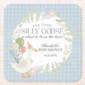 ブルーガチョウ間抜けフローラギンガムベビーシャワー スクエアペーパーコースター (正面)