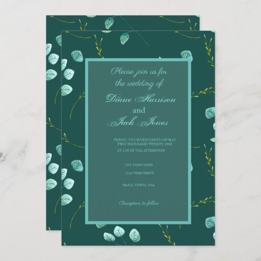 ブルーガーデンウォーターカラーステム結婚式招待状 招待状 (正面/裏面)