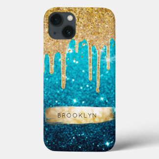 ブルーガーリーグリッター金ゴールドドリップススパルクルグラムスターズ iPhone 13ケース