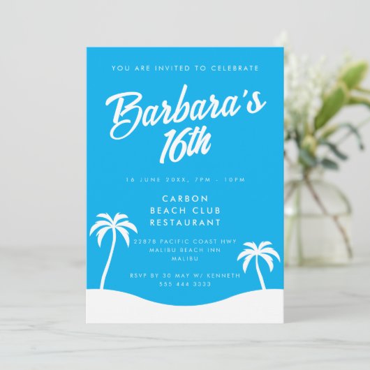ブルーガーリーサマービーチパーム16誕生日 招待状 (スタンド正面)
