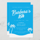 ブルーガーリーサマービーチパーム16誕生日 招待状 (正面/裏面)