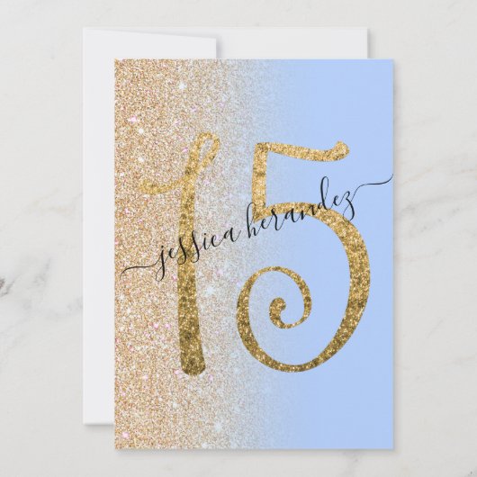 ブルーガーリーモダン金ゴールドグリッターキンセグラデーションニェラ 招待状 (裏面)